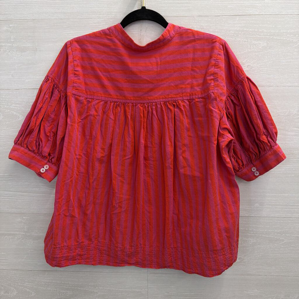 Anthropologie Pink Striped Short Puff Sleeve Top Large
