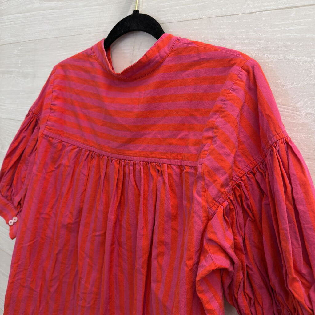 Anthropologie Pink Striped Short Puff Sleeve Top Large