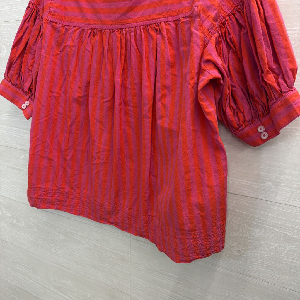 Anthropologie Pink Striped Short Puff Sleeve Top Large