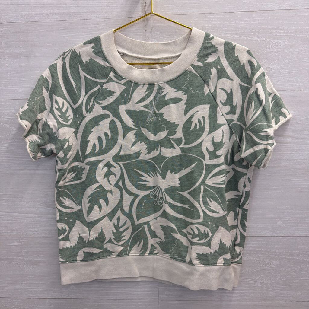 Madewell Cream/ Green Print Short Sleeve Top Small