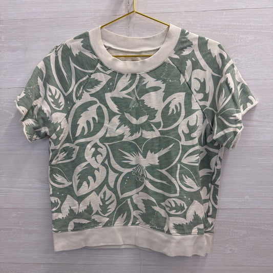Madewell Cream/ Green Print Short Sleeve Top Small