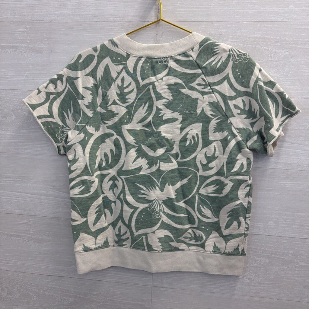 Madewell Cream/ Green Print Short Sleeve Top Small