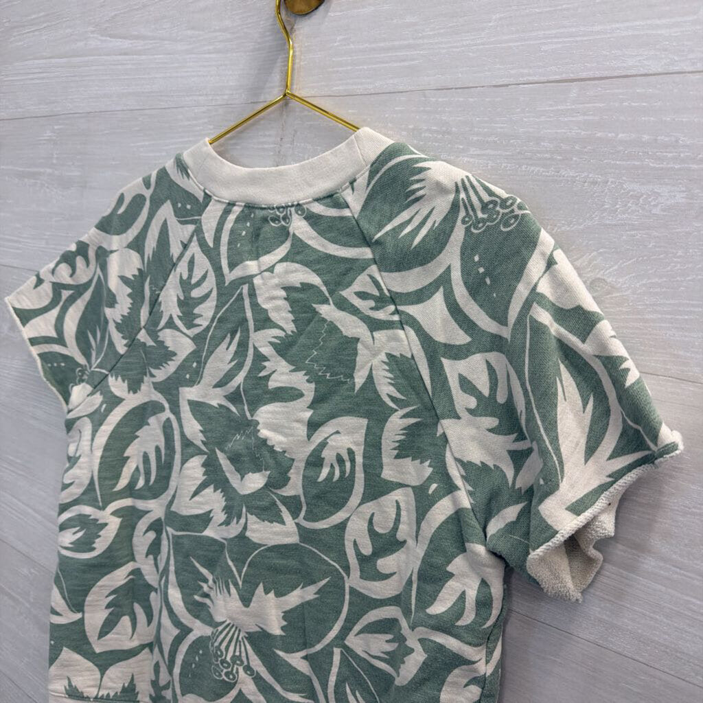 Madewell Cream/ Green Print Short Sleeve Top Small
