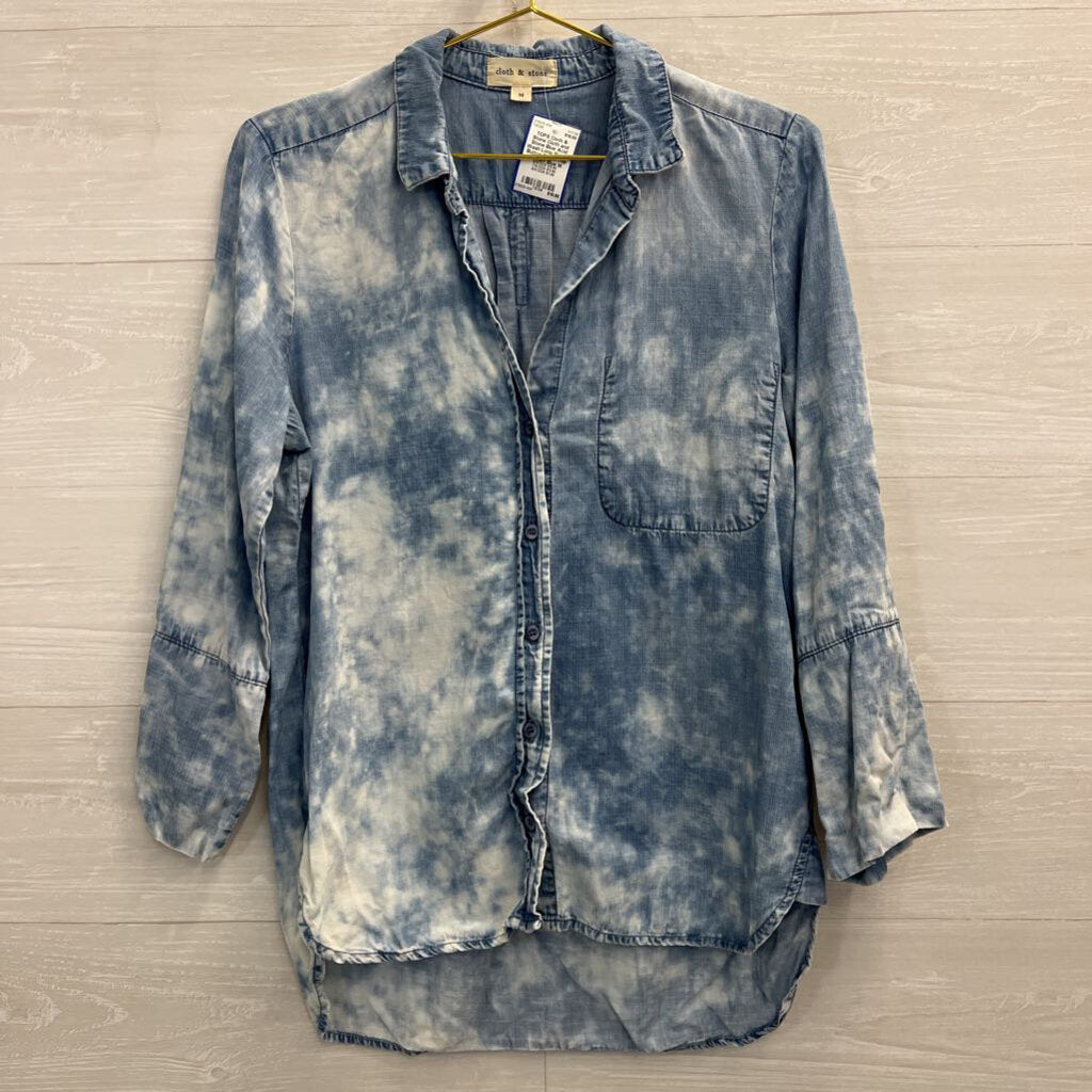 Cloth and Stone Blue Acid Wash Long Sleeve Button Down Top Medium