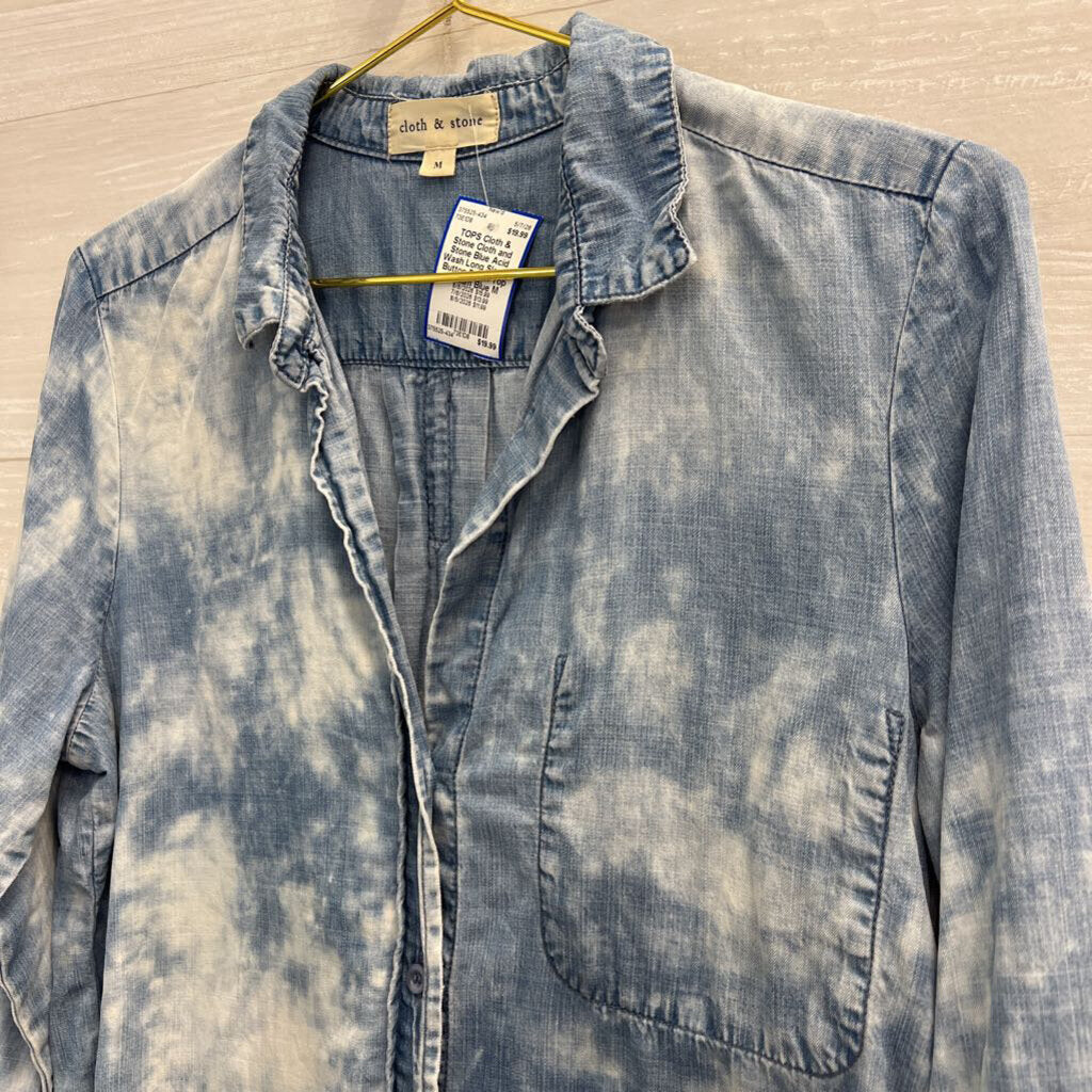 Cloth and Stone Blue Acid Wash Long Sleeve Button Down Top Medium