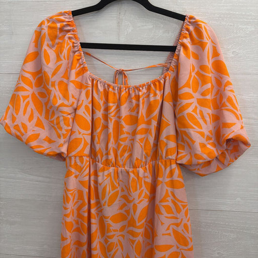 Sanctuary Orange/ Beige Print Short Puff Sleeve Dress Medium