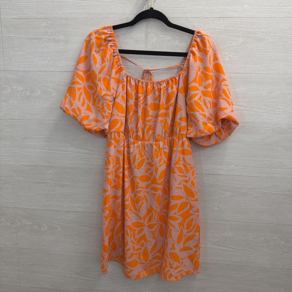 Sanctuary Orange/ Beige Print Short Puff Sleeve Dress Medium