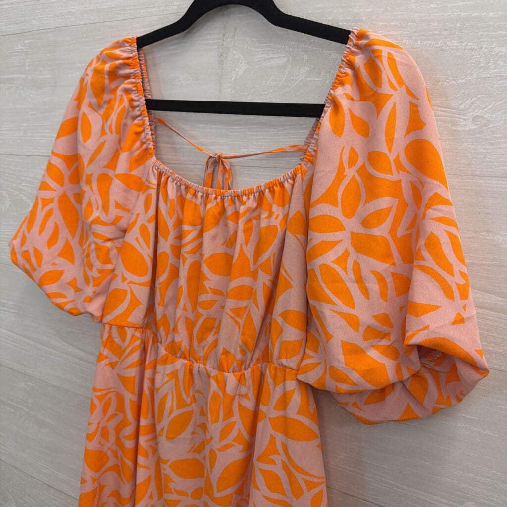 Sanctuary Orange/ Beige Print Short Puff Sleeve Dress Medium