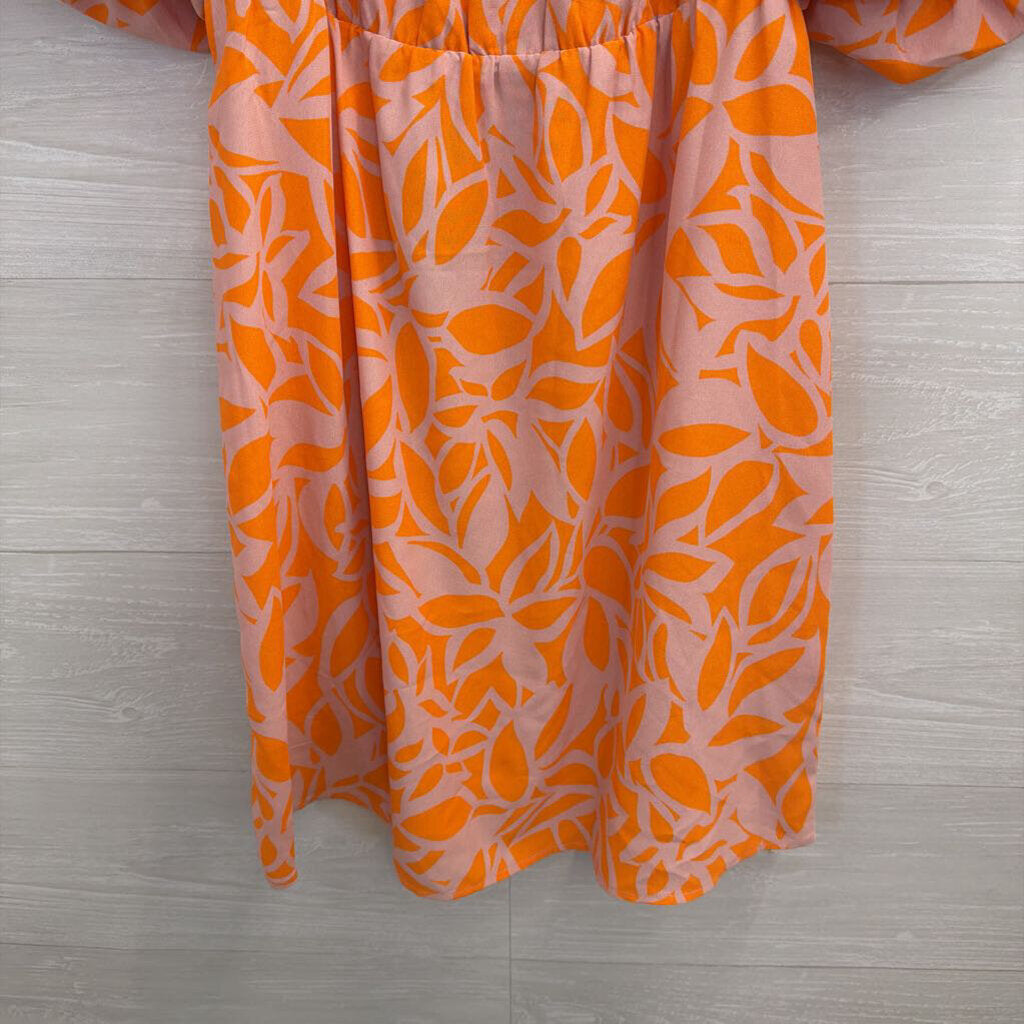 Sanctuary Orange/ Beige Print Short Puff Sleeve Dress Medium