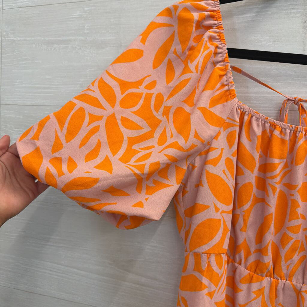 Sanctuary Orange/ Beige Print Short Puff Sleeve Dress Medium
