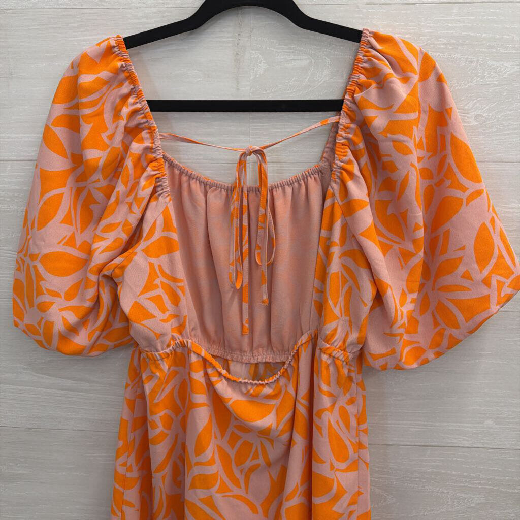 Sanctuary Orange/ Beige Print Short Puff Sleeve Dress Medium