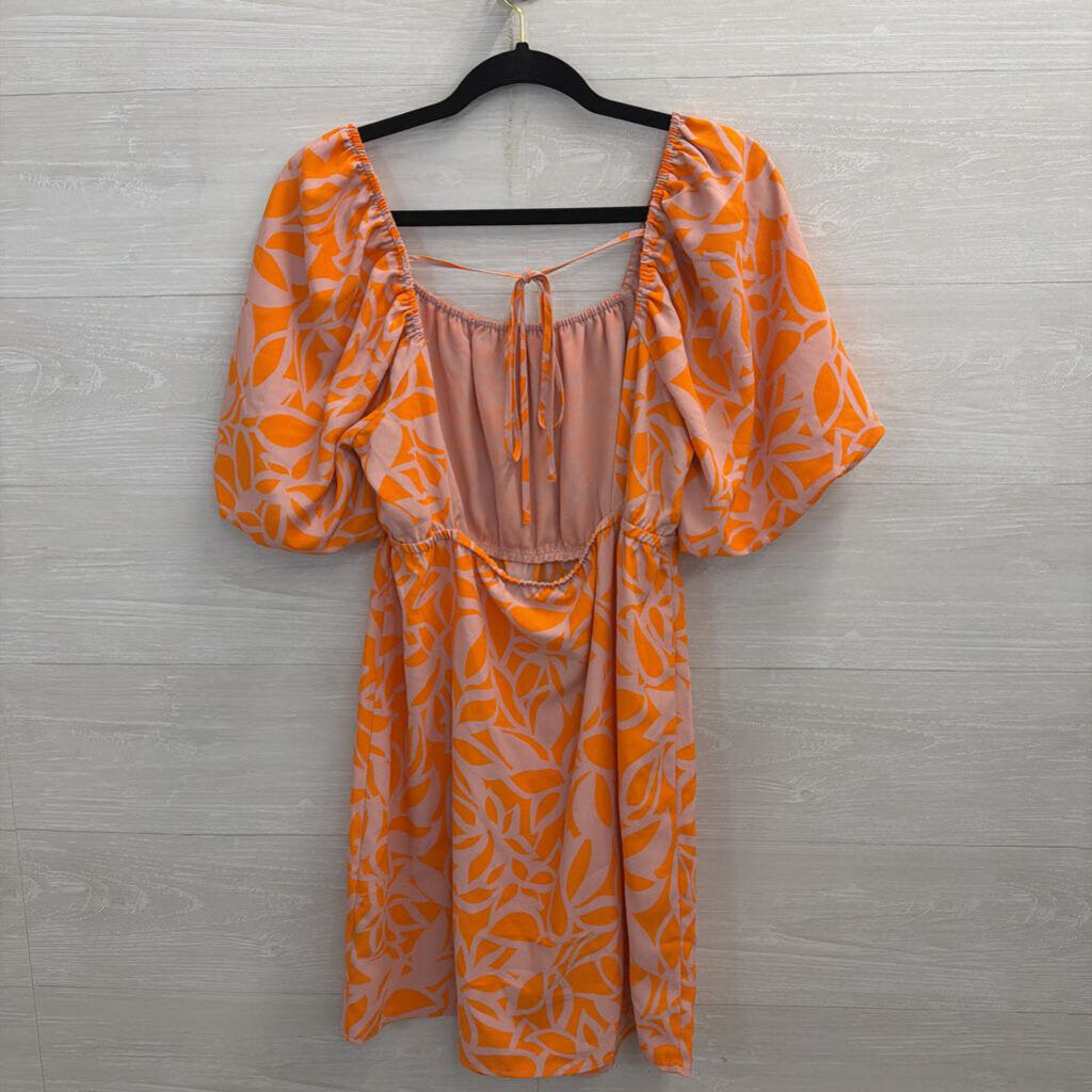 Sanctuary Orange/ Beige Print Short Puff Sleeve Dress Medium