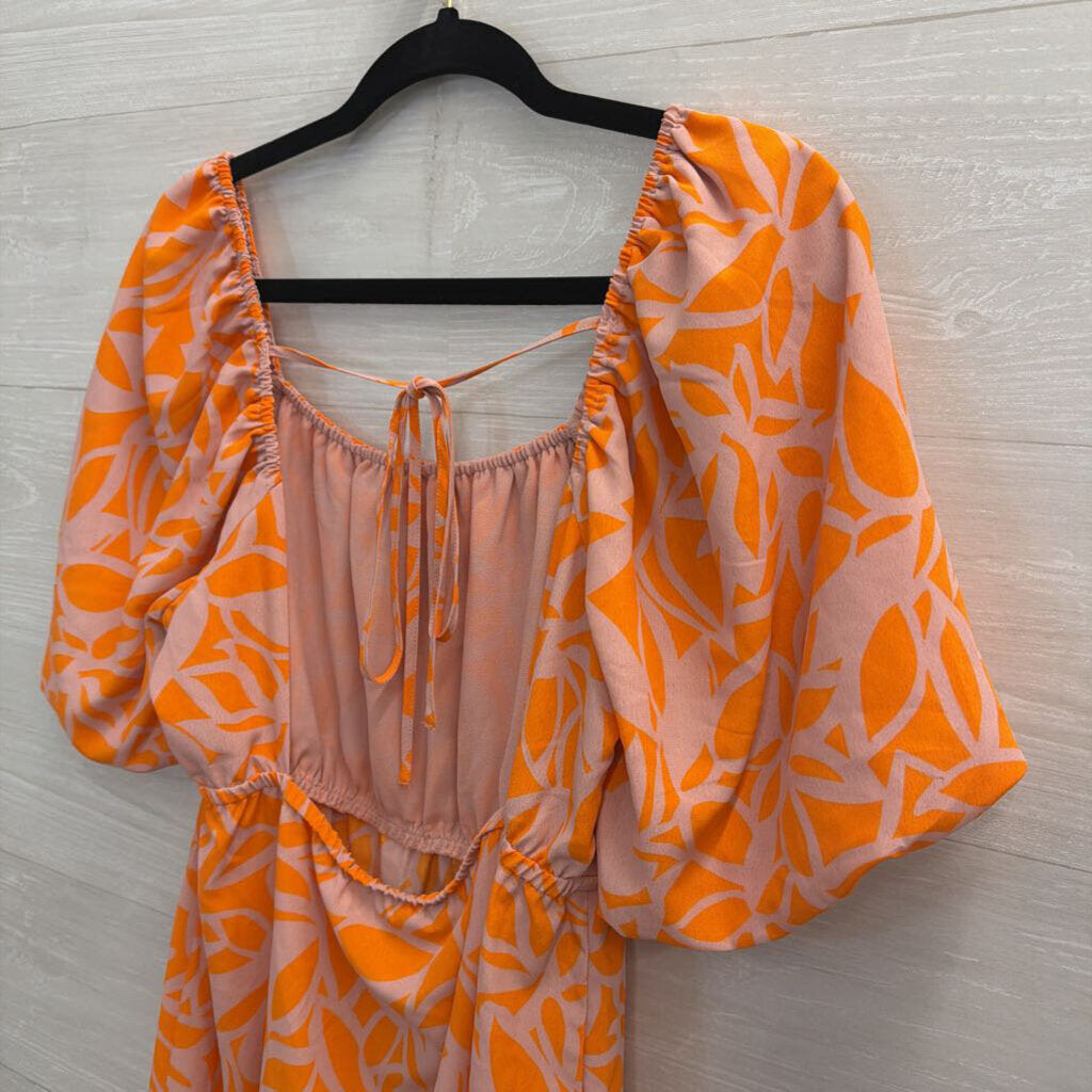 Sanctuary Orange/ Beige Print Short Puff Sleeve Dress Medium