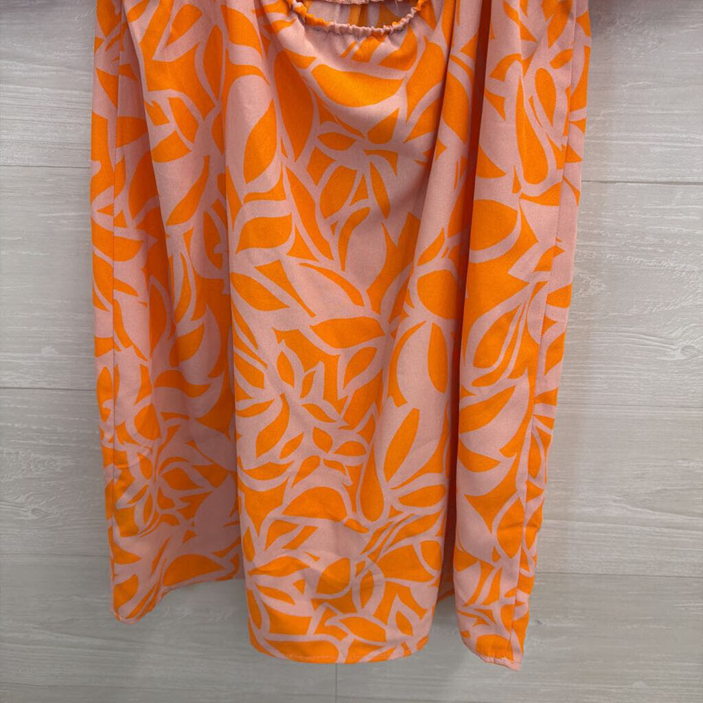 Sanctuary Orange/ Beige Print Short Puff Sleeve Dress Medium