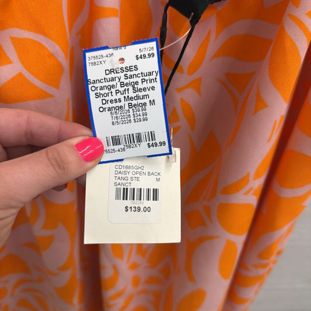 Sanctuary Orange/ Beige Print Short Puff Sleeve Dress Medium