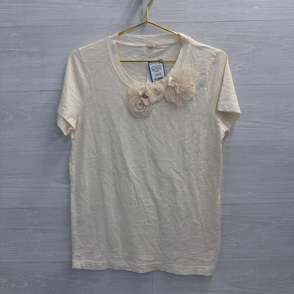 J Crew Cream Short Sleeve Rosette Detail Top Large