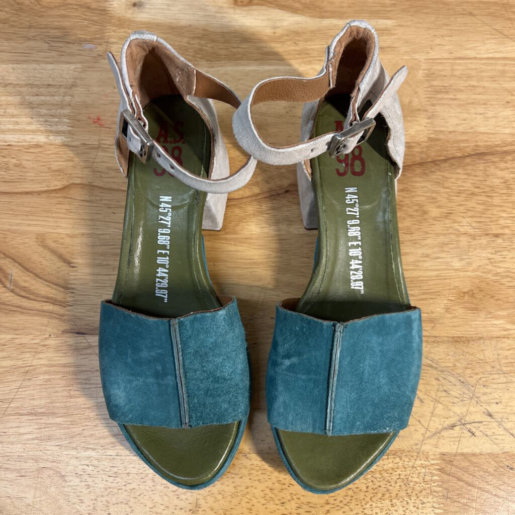 AS 98 Blue/ Grey Suede Crue Block Sandal Heels 38