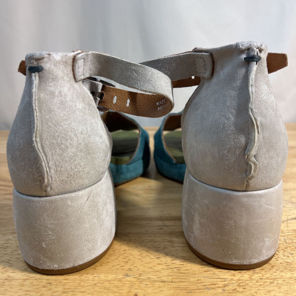 AS 98 Blue/ Grey Suede Crue Block Sandal Heels 38