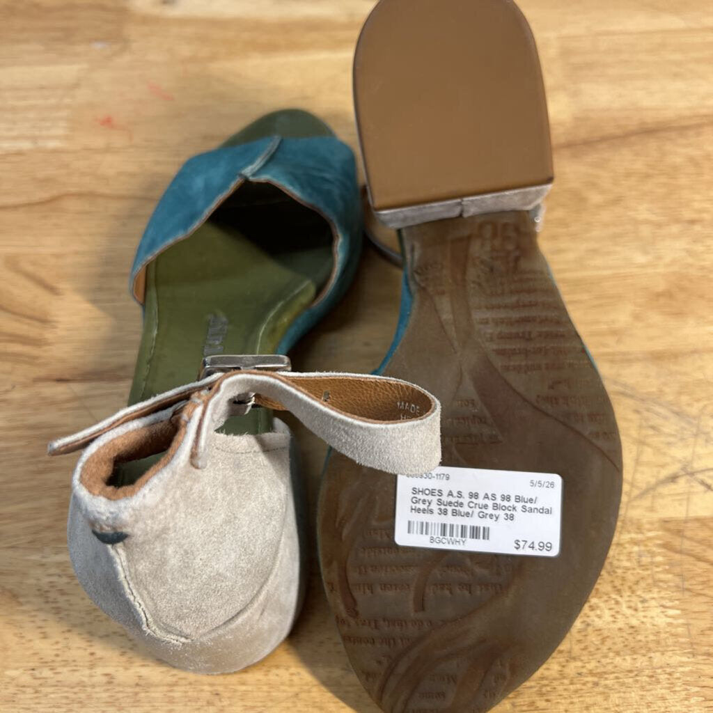 AS 98 Blue/ Grey Suede Crue Block Sandal Heels 38