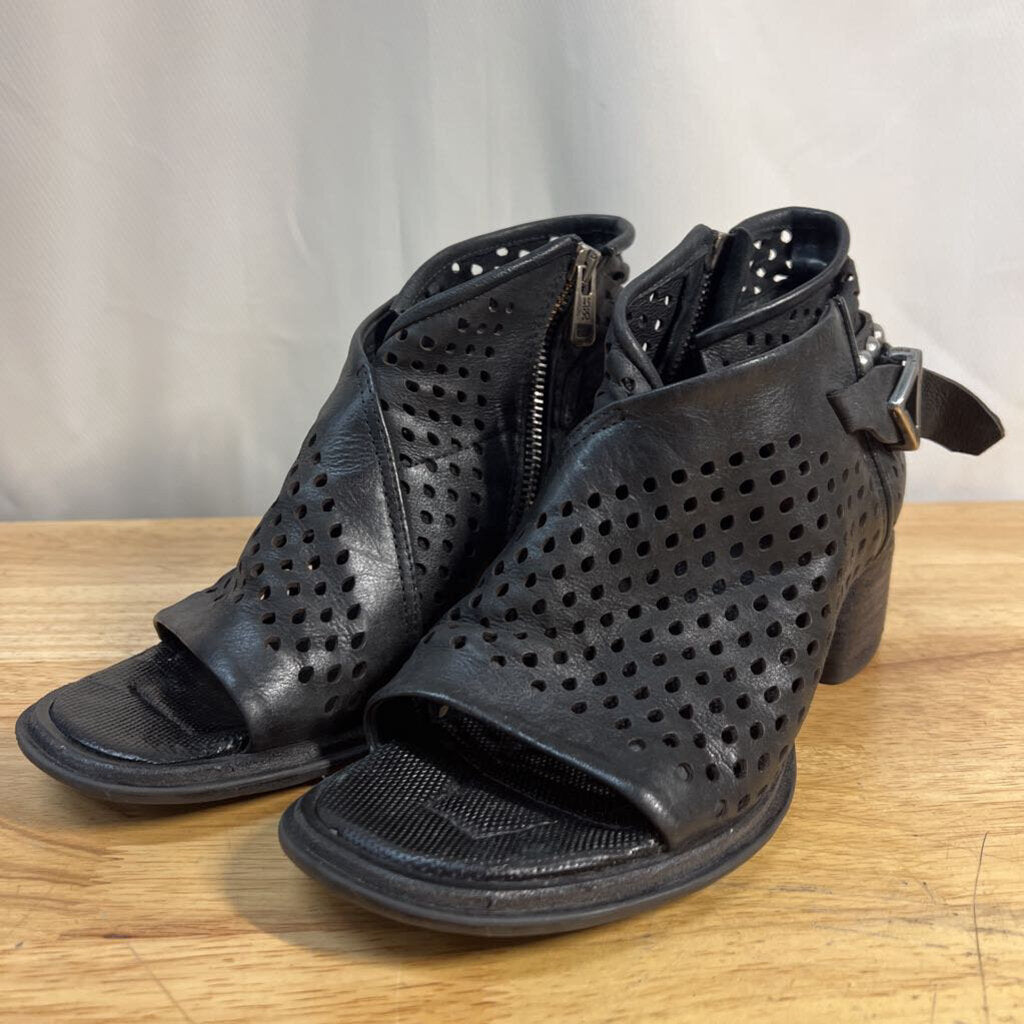 AS 98 Black Perforated Leather Avant Garde Peep Toe Block Heels 38