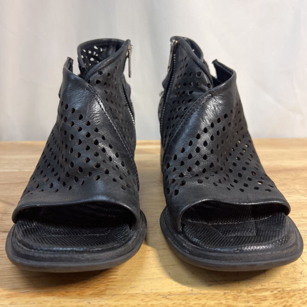 AS 98 Black Perforated Leather Avant Garde Peep Toe Block Heels 38