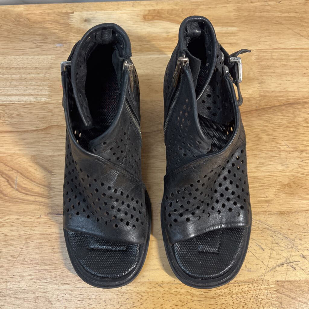 AS 98 Black Perforated Leather Avant Garde Peep Toe Block Heels 38