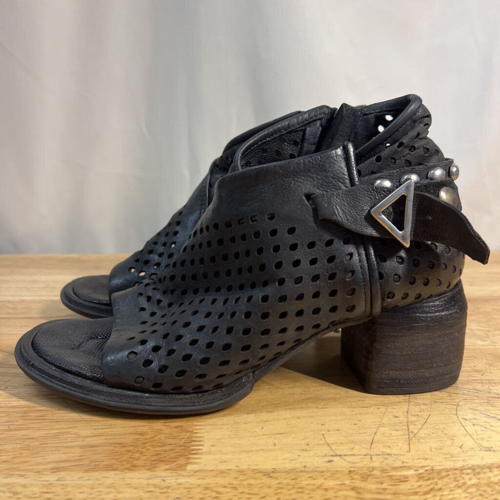 AS 98 Black Perforated Leather Avant Garde Peep Toe Block Heels 38