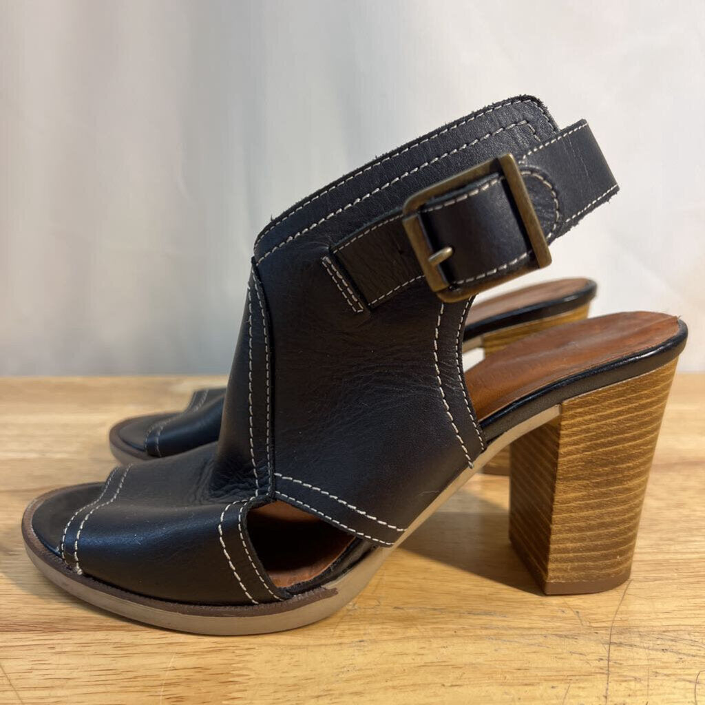 Bella Vita Black Italian Leather Peep Toe Slingback Block Heels 37.5