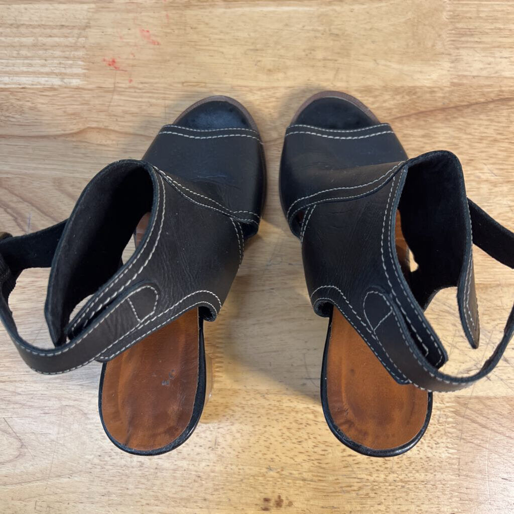 Bella Vita Black Italian Leather Peep Toe Slingback Block Heels 37.5