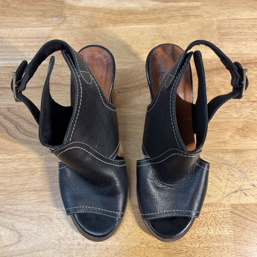 Bella Vita Black Italian Leather Peep Toe Slingback Block Heels 37.5