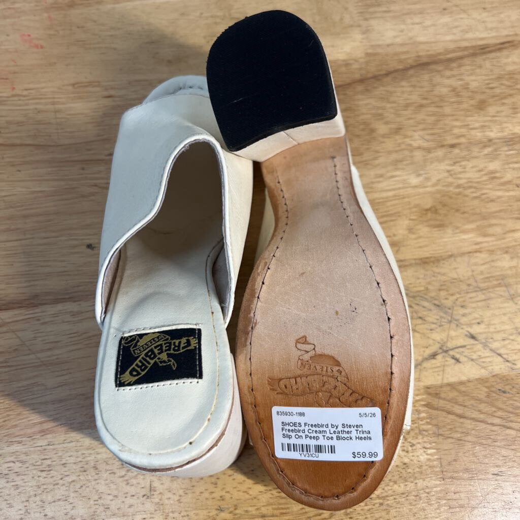 Freebird Cream Leather Trina Slip On Peep Toe Block Heels 9