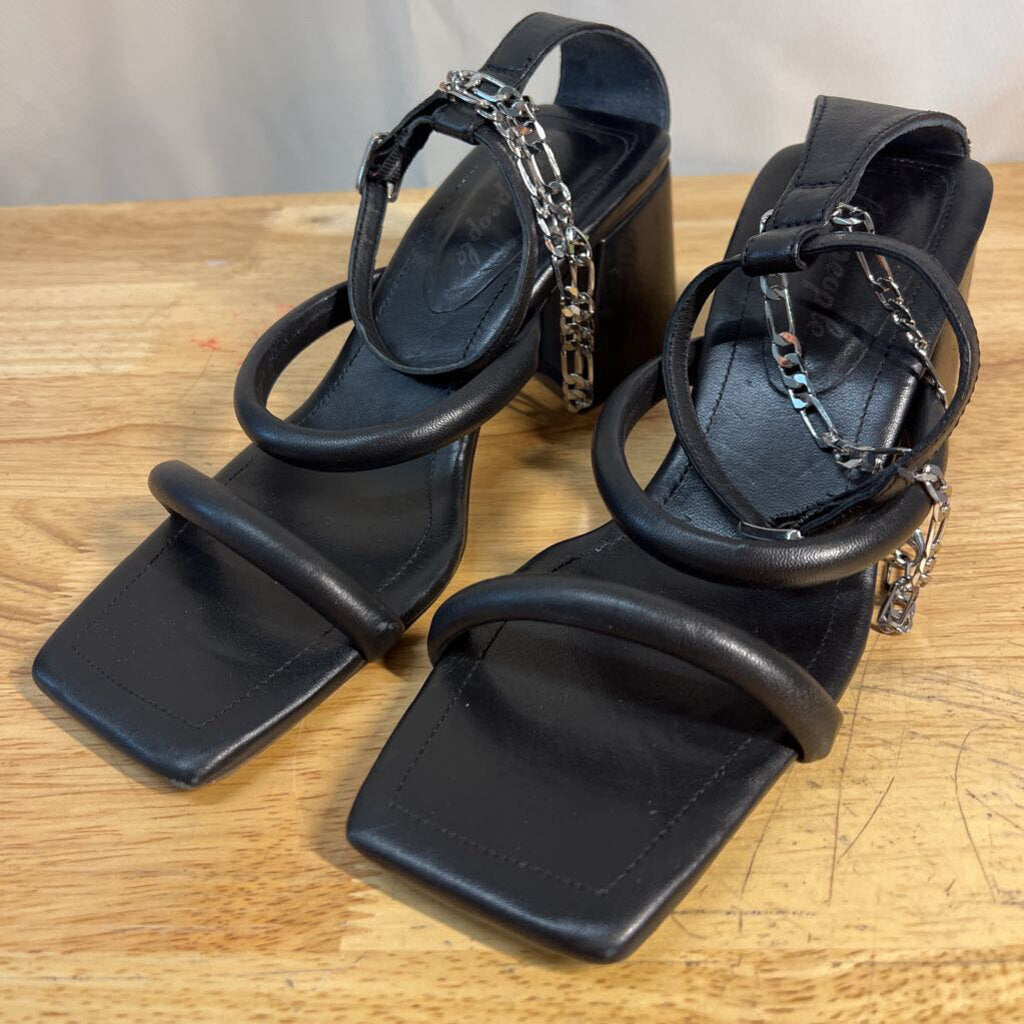 Free People Black Leather Parker Chain Sandal Block Heels 39