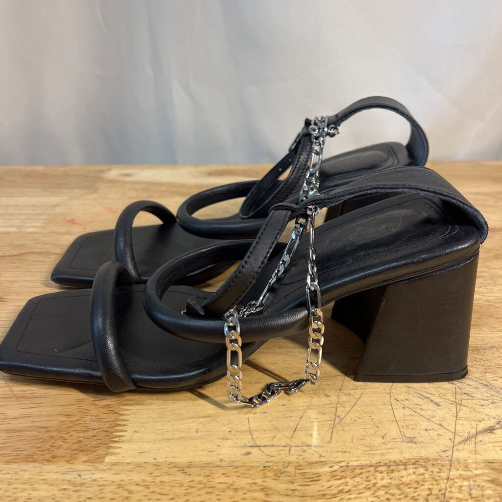 Free People Black Leather Parker Chain Sandal Block Heels 39