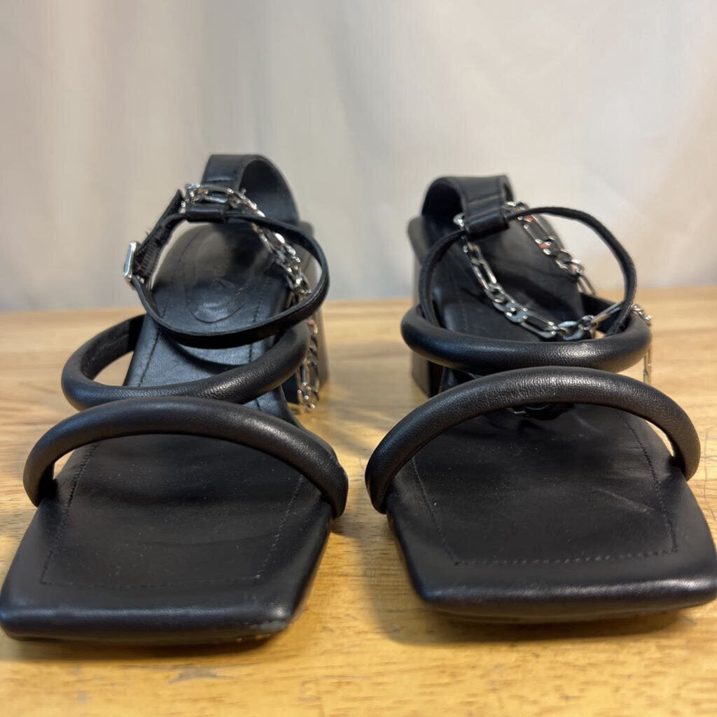 Free People Black Leather Parker Chain Sandal Block Heels 39