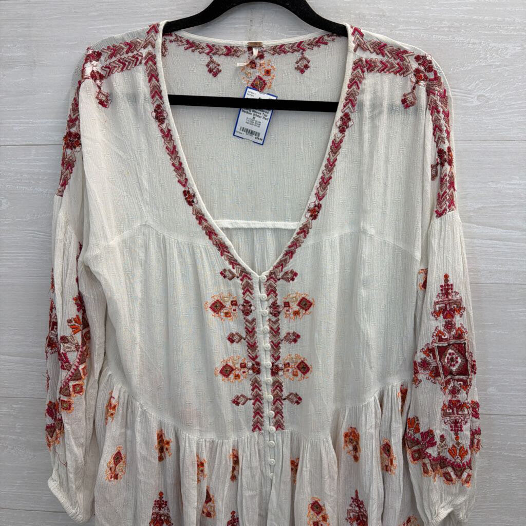 Free People White/ Red Embroidered Long Sleeve Top Medium