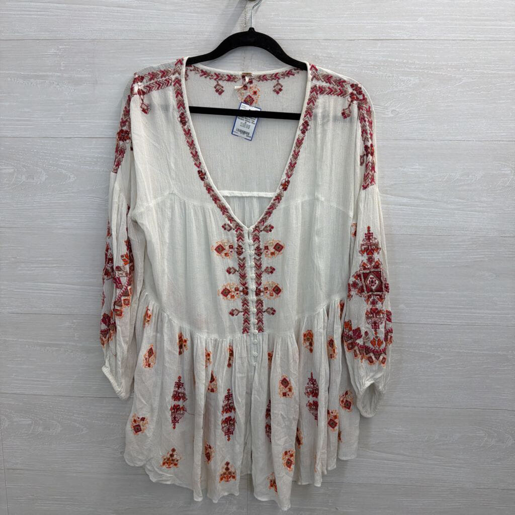 Free People White/ Red Embroidered Long Sleeve Top Medium