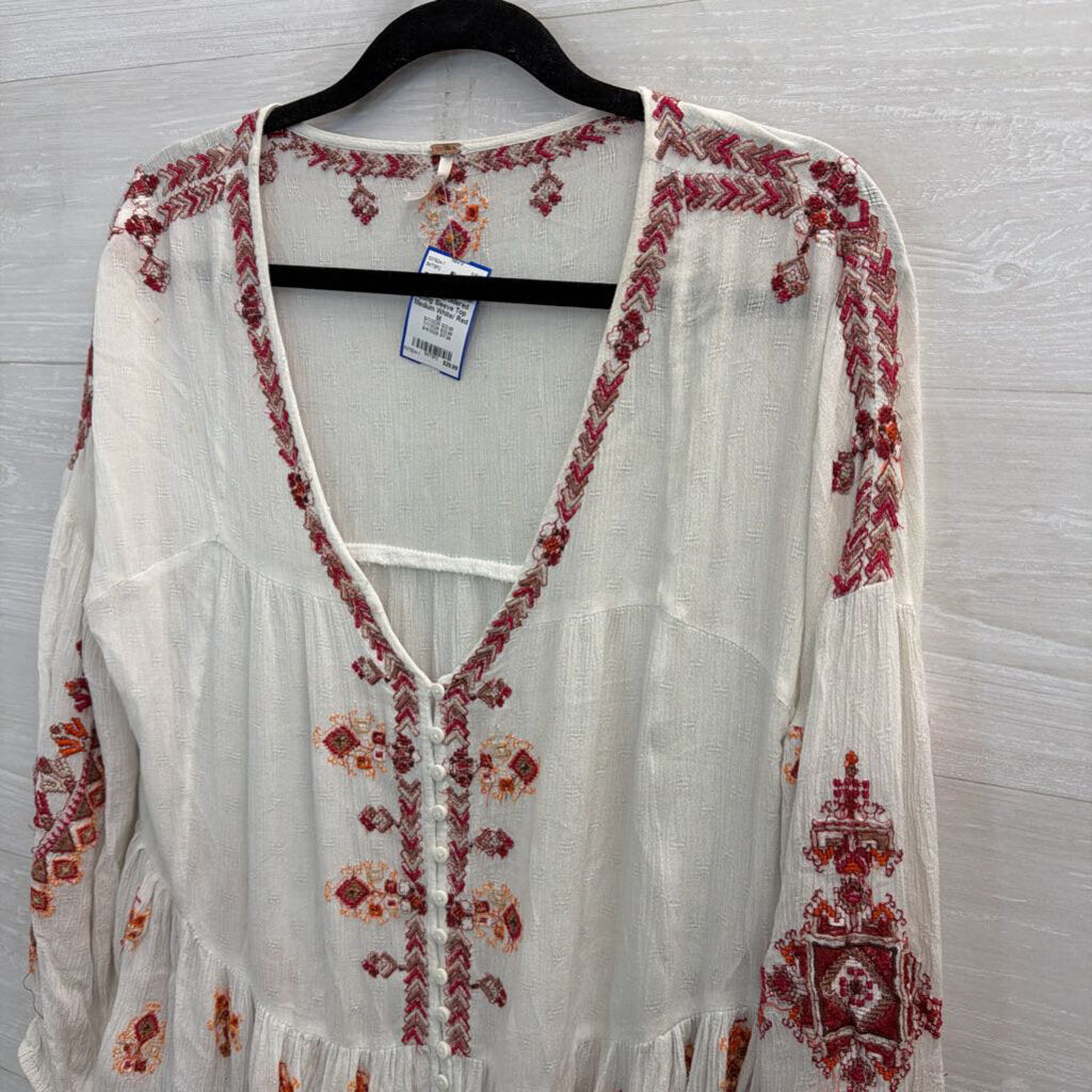 Free People White/ Red Embroidered Long Sleeve Top Medium