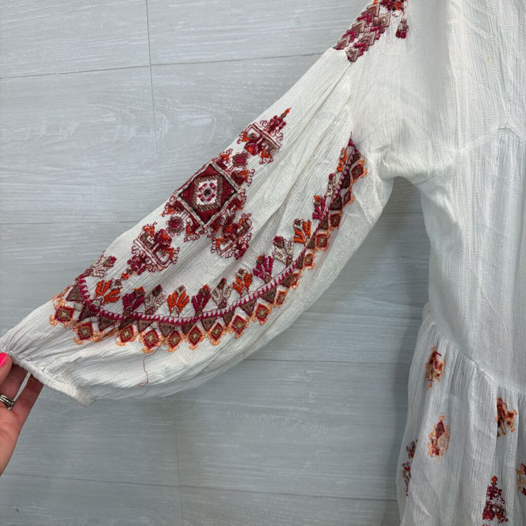Free People White/ Red Embroidered Long Sleeve Top Medium