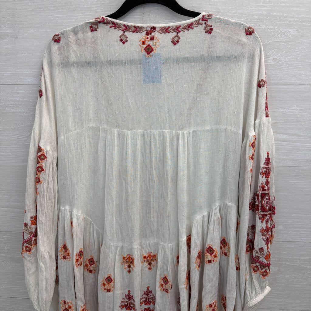 Free People White/ Red Embroidered Long Sleeve Top Medium