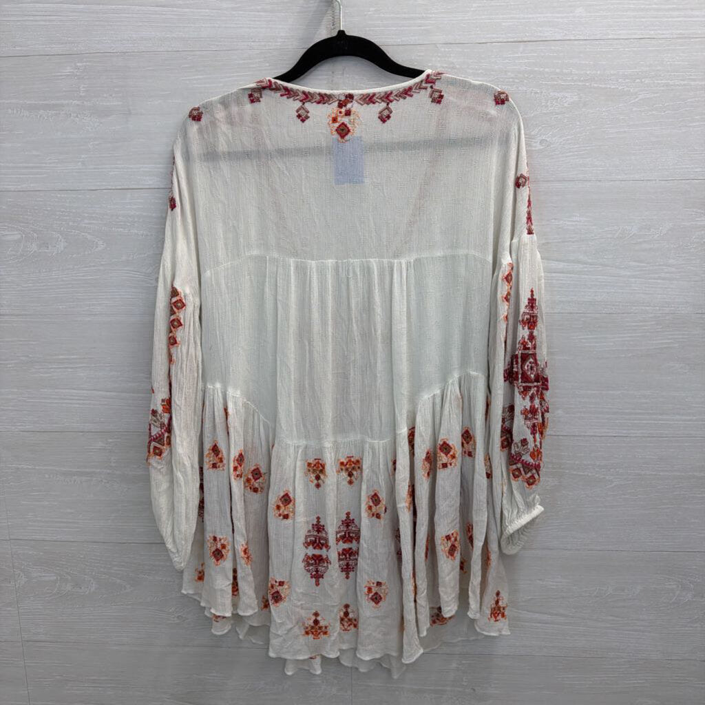 Free People White/ Red Embroidered Long Sleeve Top Medium
