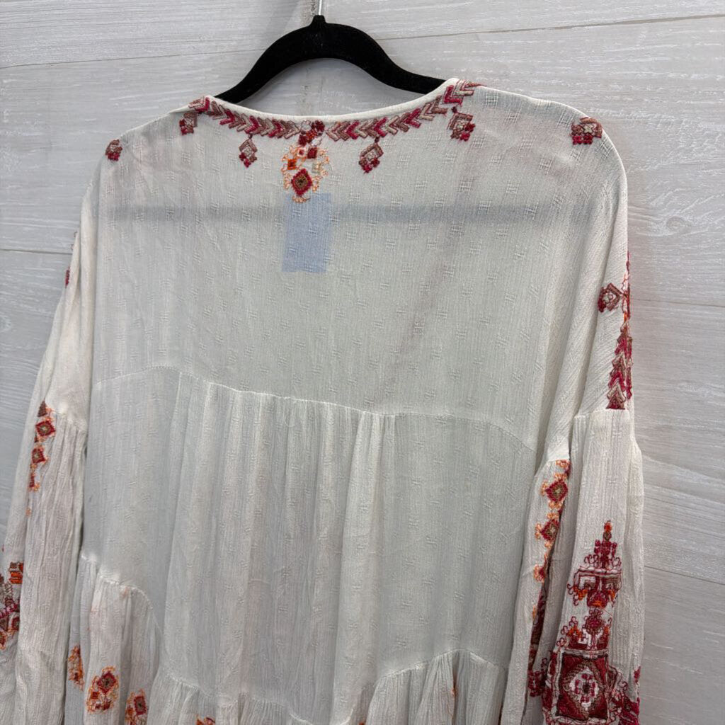 Free People White/ Red Embroidered Long Sleeve Top Medium