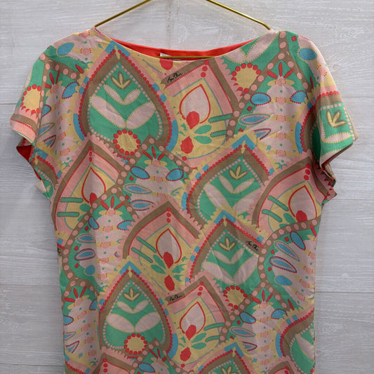 Marie Oliver Beige/ Multi Print 100% Silk Short Sleeve Shift Dress Small