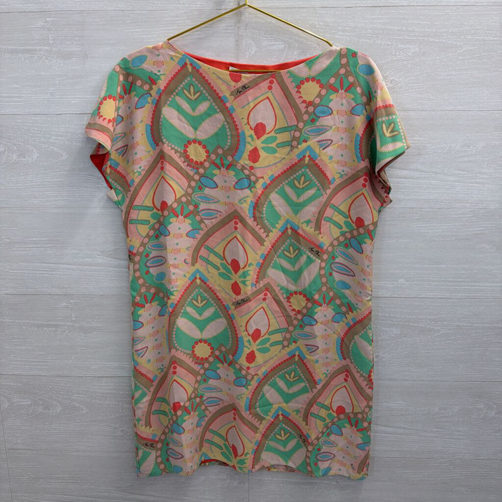 Marie Oliver Beige/ Multi Print 100% Silk Short Sleeve Shift Dress Small