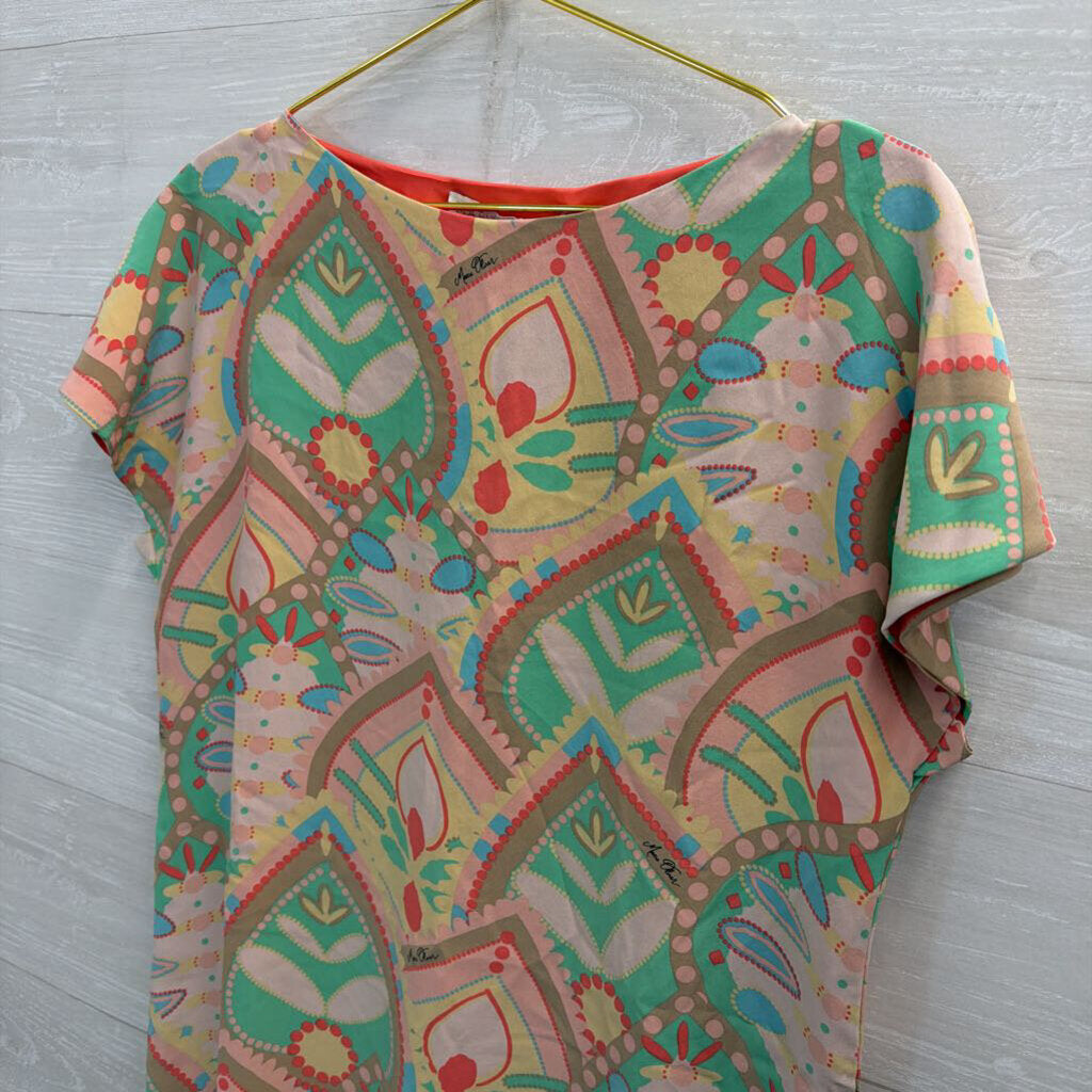 Marie Oliver Beige/ Multi Print 100% Silk Short Sleeve Shift Dress Small