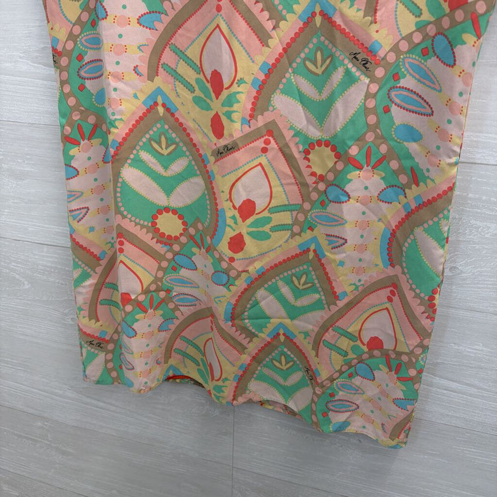 Marie Oliver Beige/ Multi Print 100% Silk Short Sleeve Shift Dress Small
