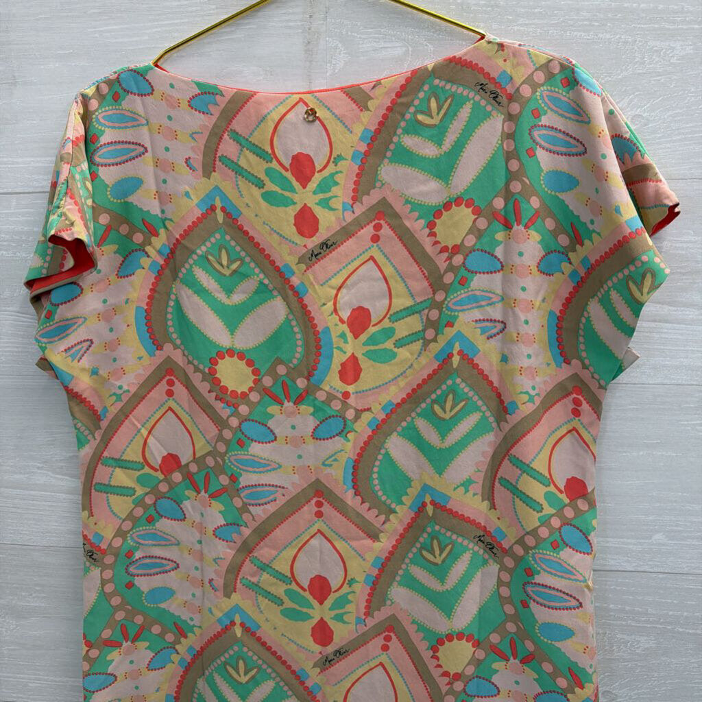 Marie Oliver Beige/ Multi Print 100% Silk Short Sleeve Shift Dress Small