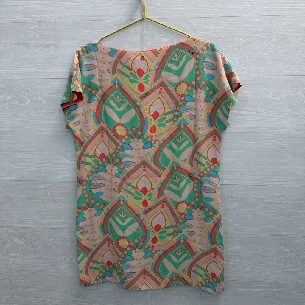Marie Oliver Beige/ Multi Print 100% Silk Short Sleeve Shift Dress Small