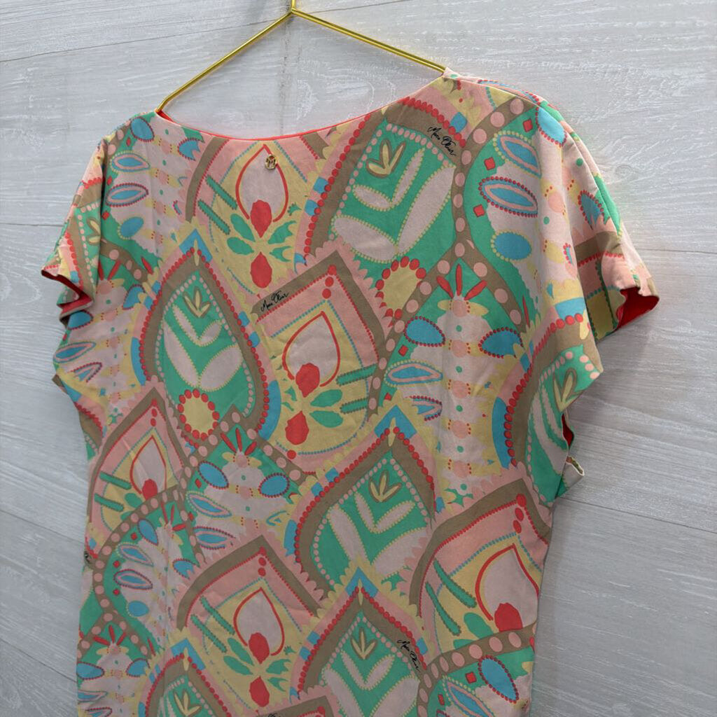 Marie Oliver Beige/ Multi Print 100% Silk Short Sleeve Shift Dress Small