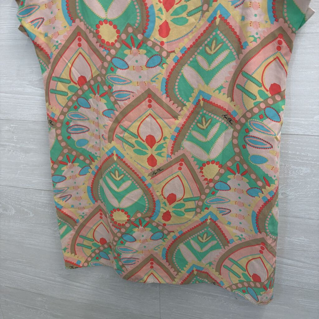 Marie Oliver Beige/ Multi Print 100% Silk Short Sleeve Shift Dress Small
