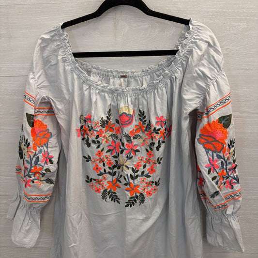 Free People Blue/ Bright Embroidered Off Shoulder Long Sleeve Dress Medium